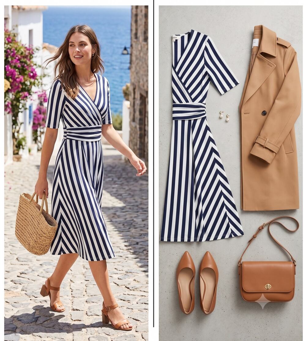 Boden Kassidy Jersey Dress 2P Navy & White Stripe Wrap Midi Pockets Nautical Sea
